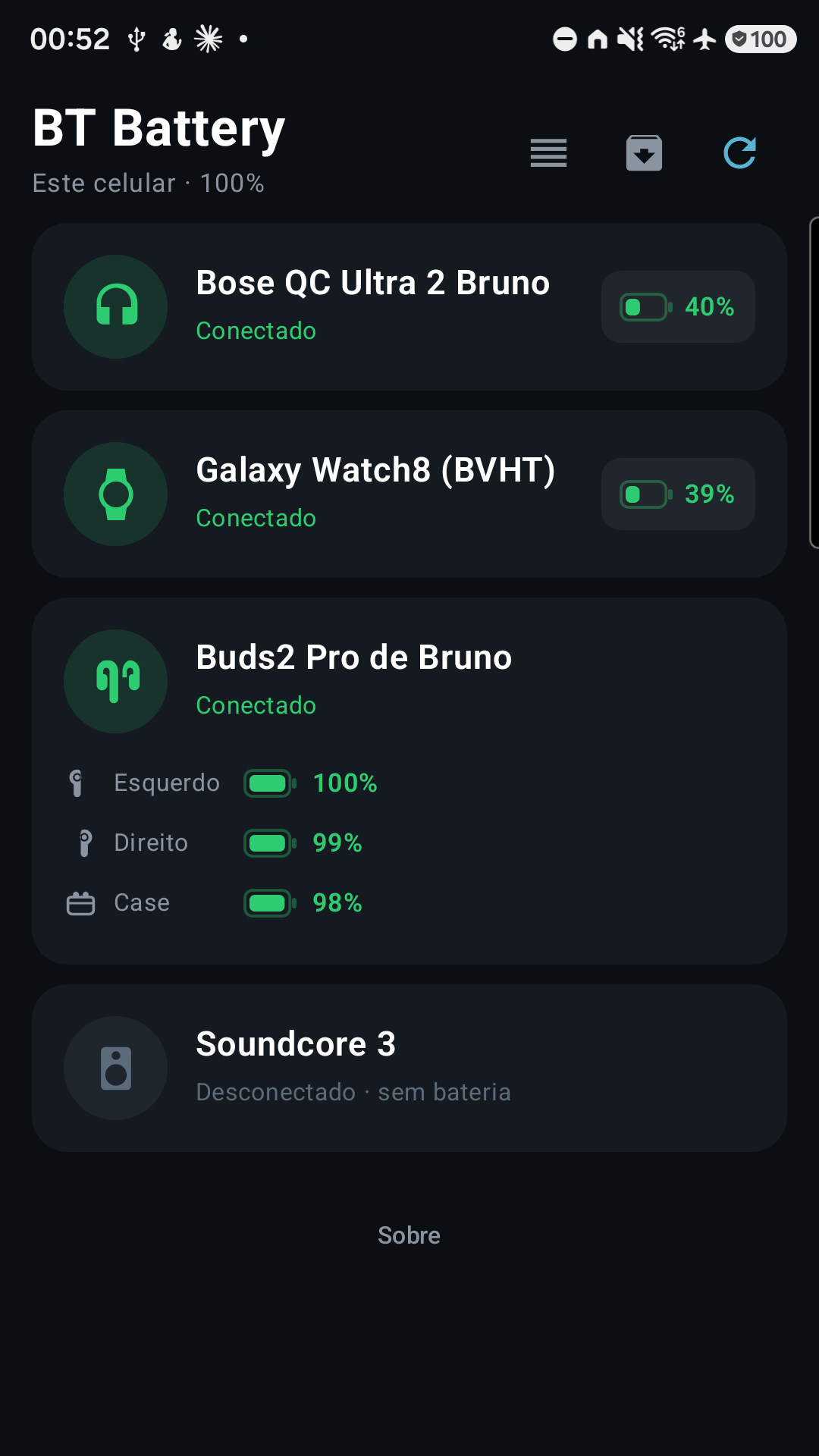 Lista de dispositivos do app, com esquerdo, direito e case separados