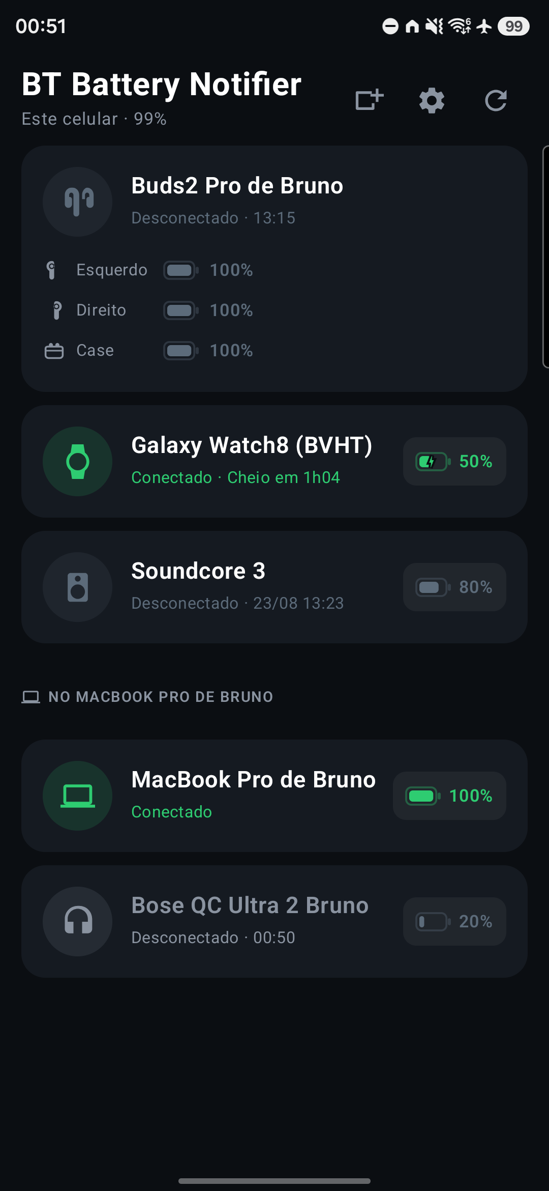 The app's device list, with left, right and case kept apart and the Mac's section below