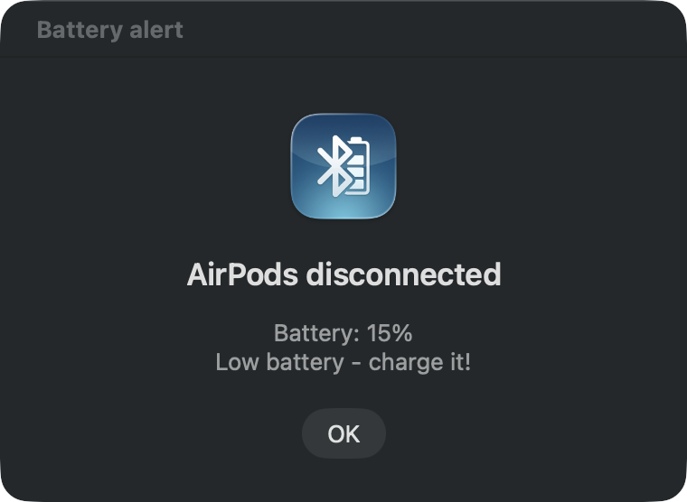 The app's alert in the middle of the screen: AirPods disconnected, battery at 15%, time to charge