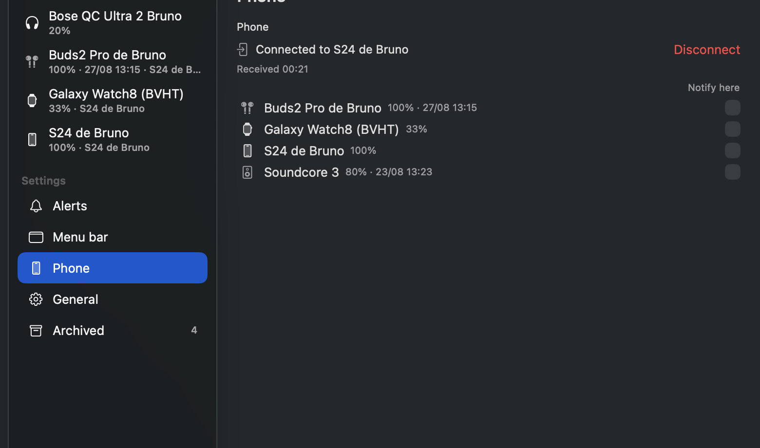 The Mac settings window on the Phone pane, connected to a phone and listing the devices that came from it