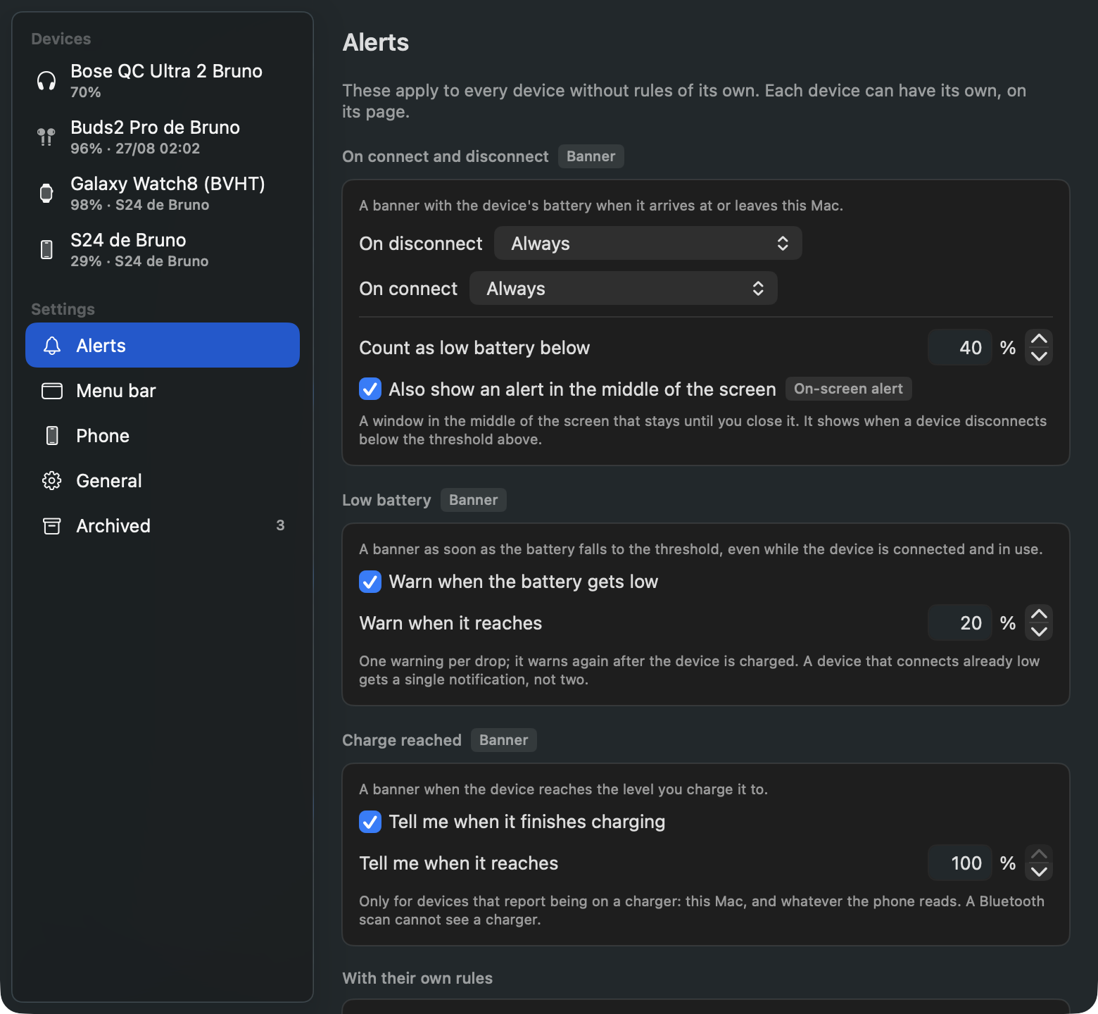 The app's settings window, with the disconnect warning, the battery threshold and the on-screen alert