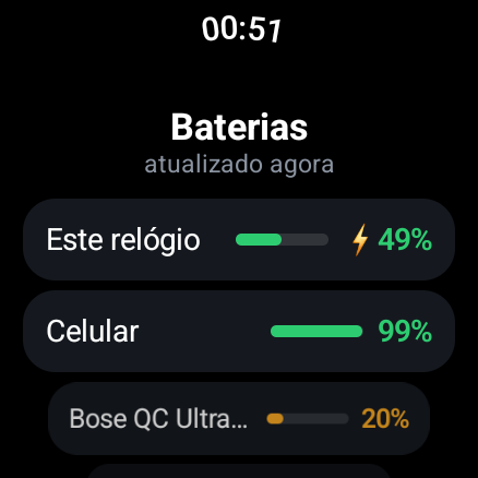 The Wear OS app listing the watch's battery, the phone's and the earbuds'
